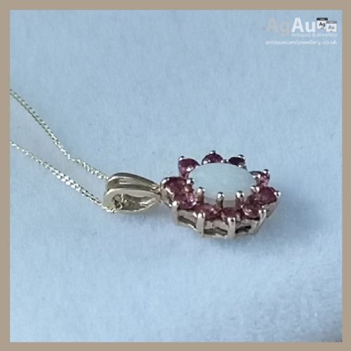 fig 1. 9ct Gold Ruby Cluster and Opal Pendant Necklace