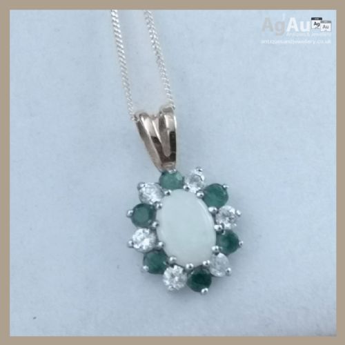 fig 1. 9ct Gold Emerald, Opal and White Sapphire Pendant Necklace