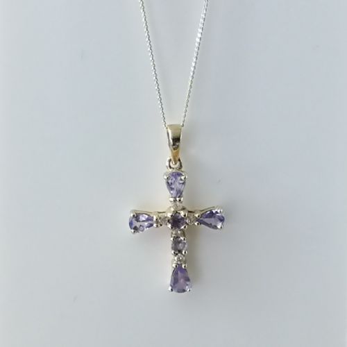 9ct Gold Diamond and Tanzanite Cross Pendant Necklace
