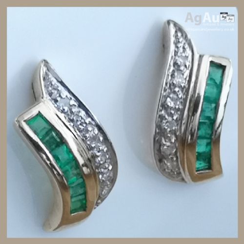 fig 1. 9ct Gold Diamond & Emerald Stud Earrings