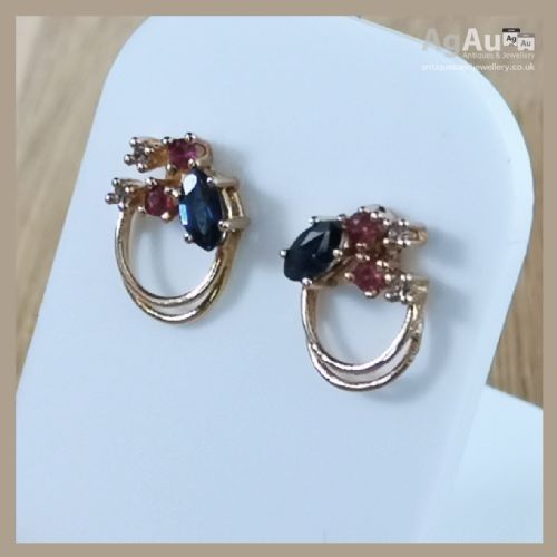 fig 1. 9ct Gold Ruby, Sapphire & Diamond Cluster Stud Earrings