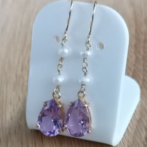 9ct Gold Pear Drop Amethyst & Baroque Pearl Drop Earrings