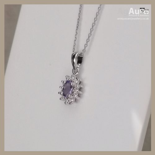 fig 1. 9ct White Gold Diamond & Tanzanite Cluster Pendant Necklace