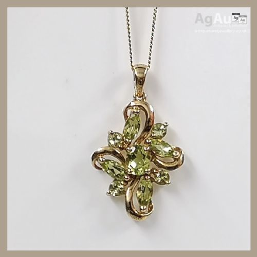 fig 1. 9ct Gold Green French Peridot Cluster Pendant Necklace
