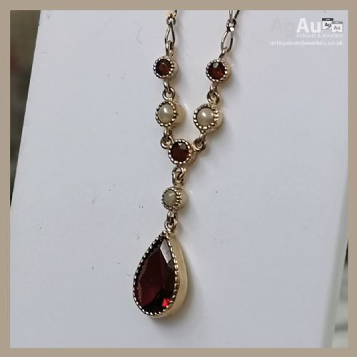 fig 1. Edwardian 9ct Gold Pear Drop Garnet with Smaller Garnets & Seed Pearls Necklace