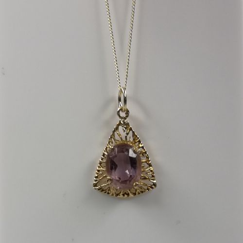 9ct Gold Amethyst Solaire Triangular Pendant Necklace