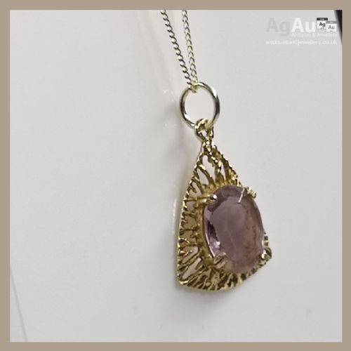 fig 1. 9ct Gold Amethyst Solaire Triangular Pendant Necklace