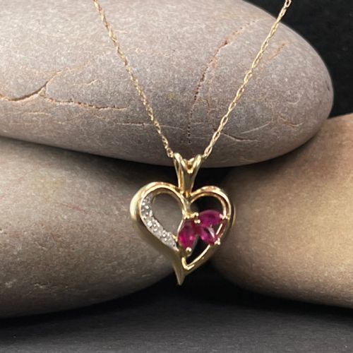 9ct Gold Ruby & Diamond Heart Pendant Necklace