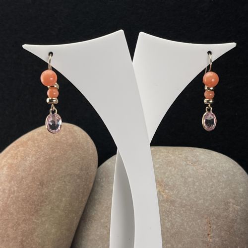9ct Gold Coral & Amethyst Drop Earrings