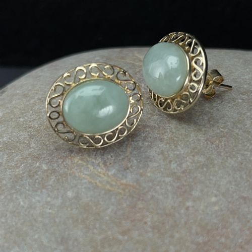 9ct Gold Large Jade Stud Earrings