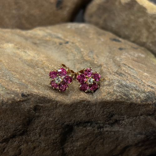 9ct Gold Diamond & Ruby Cluster Stud Earrings
