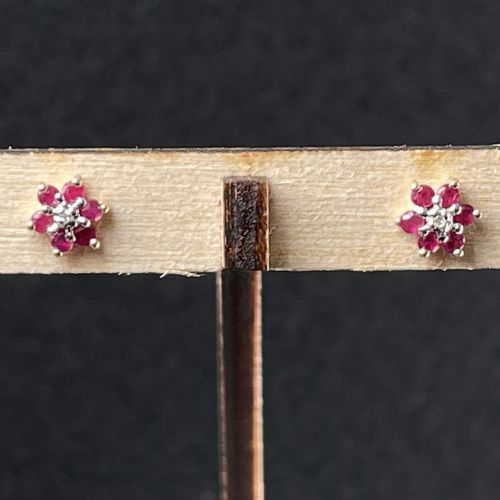 9ct Gold Ruby & Diamond Cluster Stud Earrings
