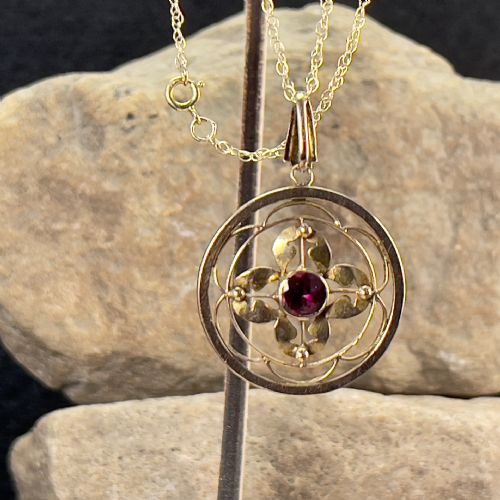 9ct Gold Art Noveau Ruby Pendant Necklace