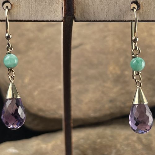9ct Gold Amethyst & Jade Drop Earrings