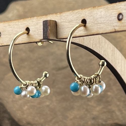 9ct Gold Pearl Pearl & Turquoise Earrings