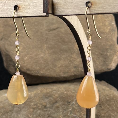 9ct Gold Pear Drop Peach Agate Drop Dangly Earrings