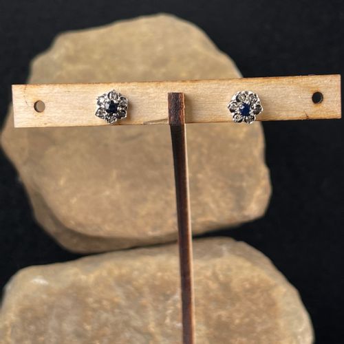 fig 1. 9ct Gold Pair of Diamond & Sapphire Cluster Stud Earrings