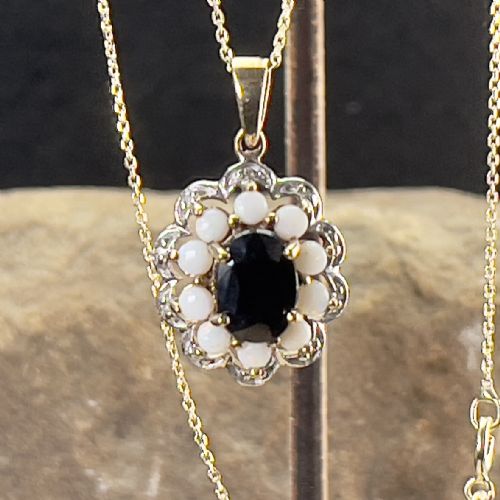 9ct Gold Sapphire, Opal & Diamond Pendant Necklace
