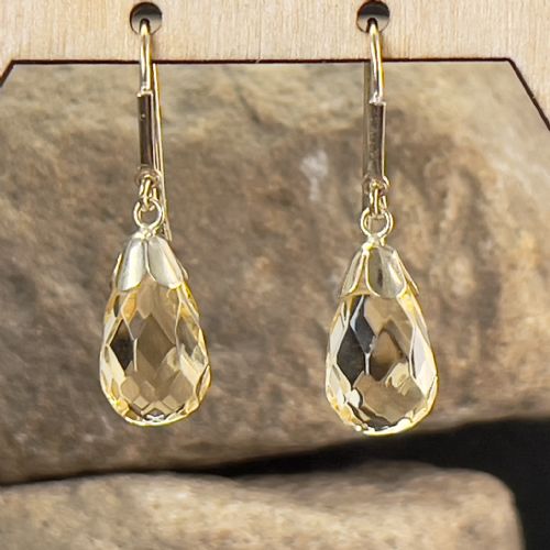 9ct Gold Pear Drop Cut Faceted Citrine Drop Dangly Earrings
