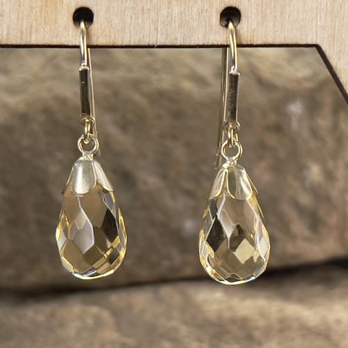 fig 1. 9ct Gold Pear Drop Cut Faceted Citrine Drop Dangly Earrings