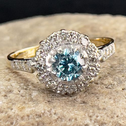 18ct Art Deco Gold & Platinum Aquamarine and Diamond Cluster Ring