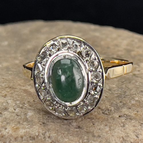 fig 1. 18ct Gold Emerald Cabochon & Rose Cut Diamond Cluster Ring