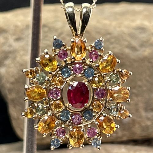 9ct Gold Large Multi-gem Pendant Necklace