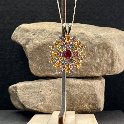 fig 1. 9ct Gold Large Multi-Gem Pendant Necklace