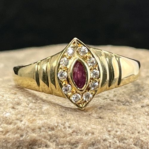 18ct Gold French Marquise Cut Ruby & Diamond Ring