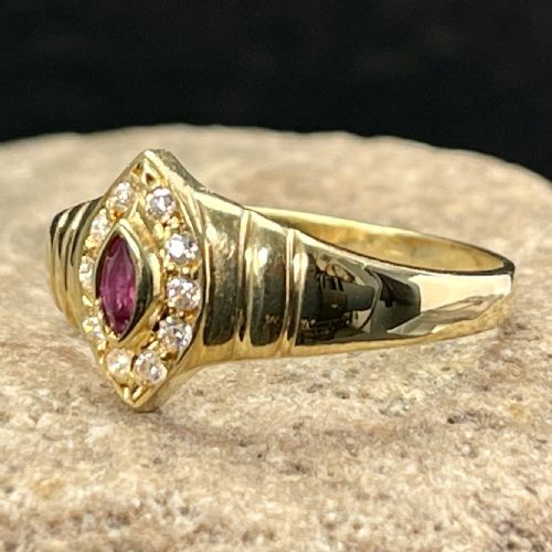 fig 1. 18ct Gold French Marquise Cut Ruby & Diamond Ring