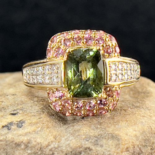 9ct Gold Diamond, Russian Diopside & Pink Topaz Cluster Ring