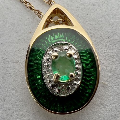fig 1. 14ct Gold Green Enamel, Emerald & Diamond Pendant Necklace
