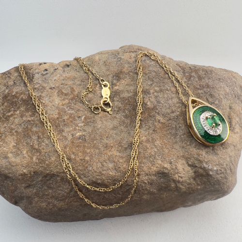 14ct Gold Green Enamel, Emerald & Diamond Pendant Necklace