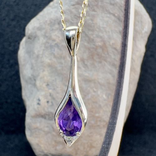 fig 1. 9ct Gold Amethyst & Diamond Drop Pendant Necklace