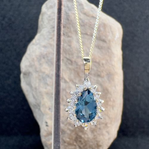 9ct Gold Blue Topaz & Diamond Pendant Necklace