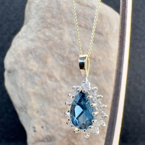 fig 1. 9ct Gold Blue Topaz & Diamond Pendant Necklace