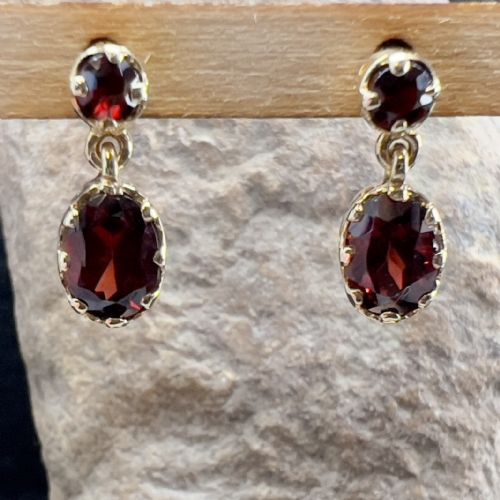9ct Gold Double Garnet Drop Stud Earrings