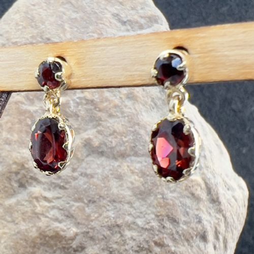 fig 1. 9ct Gold Double Garnet Drop Stud Earrings