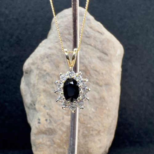 9ct Gold Sapphire & Diamond Cluster Pendant Necklace