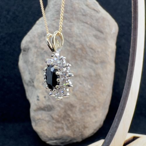 fig 1. 9ct Gold Sapphire & Diamond Cluster Pendant Necklace