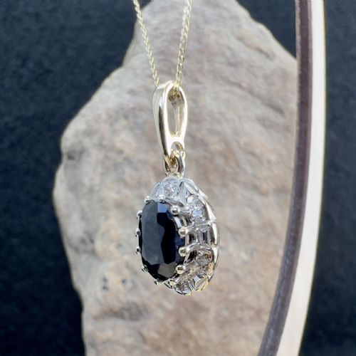 fig 1. 9ct Gold Sapphire & Diamond Cluster Pendant Necklace 