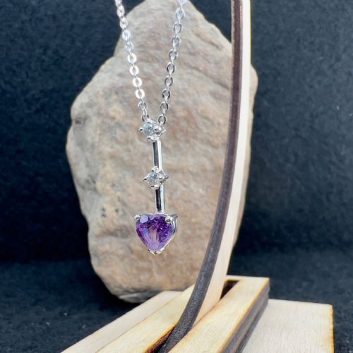 fig 1. 9ct White Gold Heart Amethyst Drop & White Zircons Pendant Necklace 