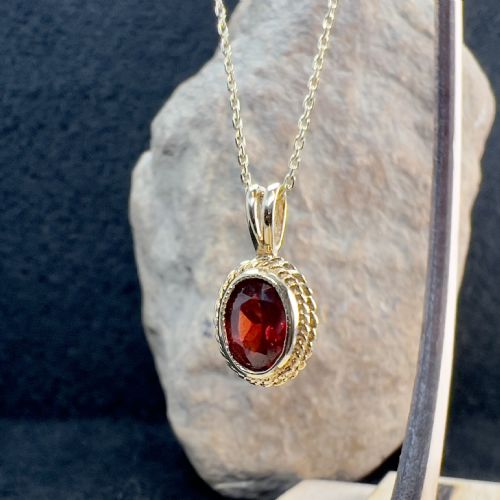 fig 1. 9ct Gold Oval Cut Garnet Pendant Necklace