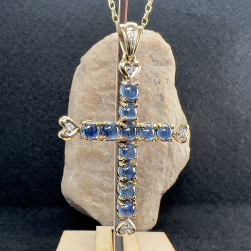 9ct Gold Diamond & Cabochon Sapphire Cross Pendant Necklace