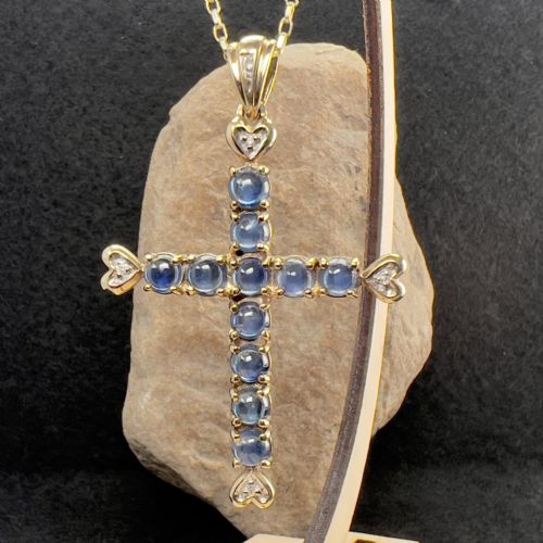 fig 1. 9ct Gold Diamond & Cabochon Sapphire Cross Pendant Necklace
