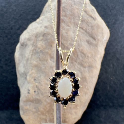 9ct Gold Sapphire & Fiery Opal Cluster Pendant Necklace