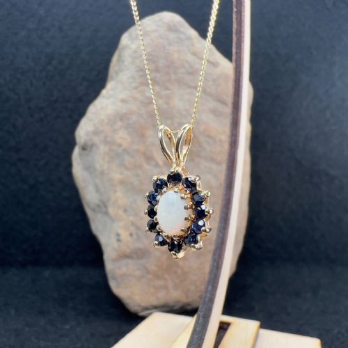 fig 1. 9ct Gold Sapphire & Fiery Opal Cluster Pendant Necklace