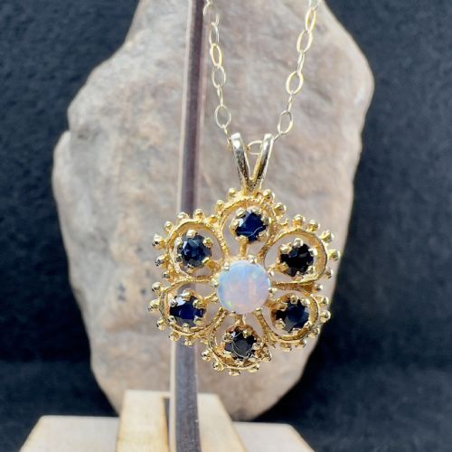 9ct Gold Fiery Opal & Sapphire Cluster Pendant Necklace