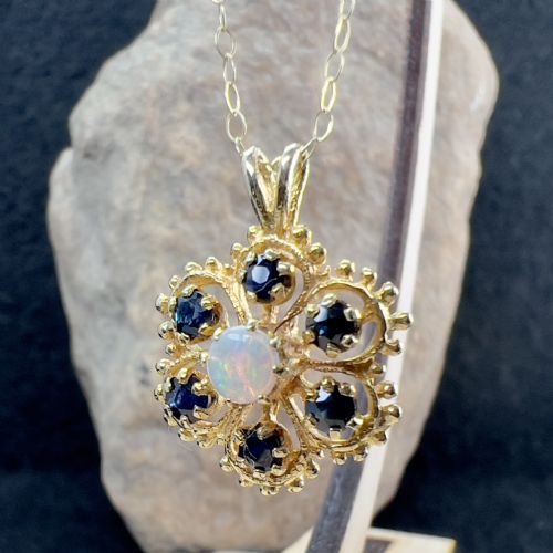 fig 1. 9ct Gold Fiery Opal & Sapphire Cluster Pendant Necklace