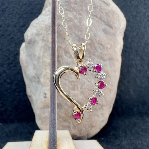 9ct Gold Ruby & Diamond Heart Pendant Necklace